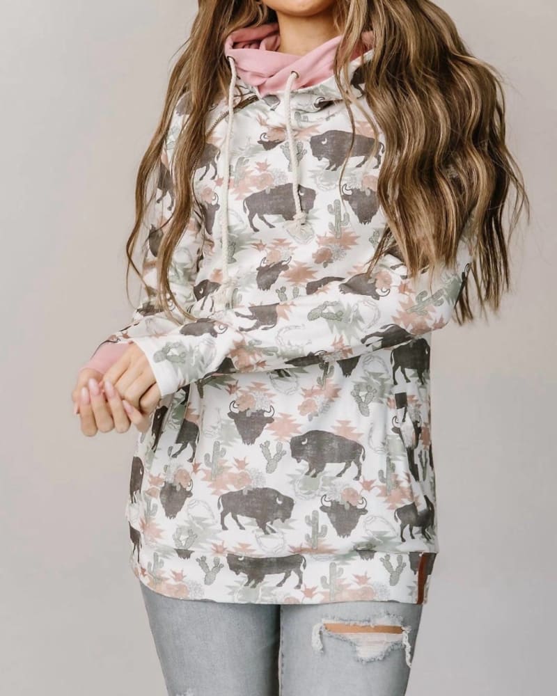 Front of a model wearing a size XL Daring Darling Doublehood Sweatshirt in White Multi in White Multi by AMPERSAND AVE. | dia_product_style_image_id:327413